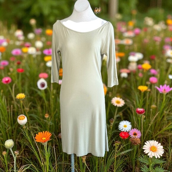 Mo & Su Vintage 90s Slinky Liquid Jersey Knit Tan Midi Dress Size Large - Picture 1 of 9